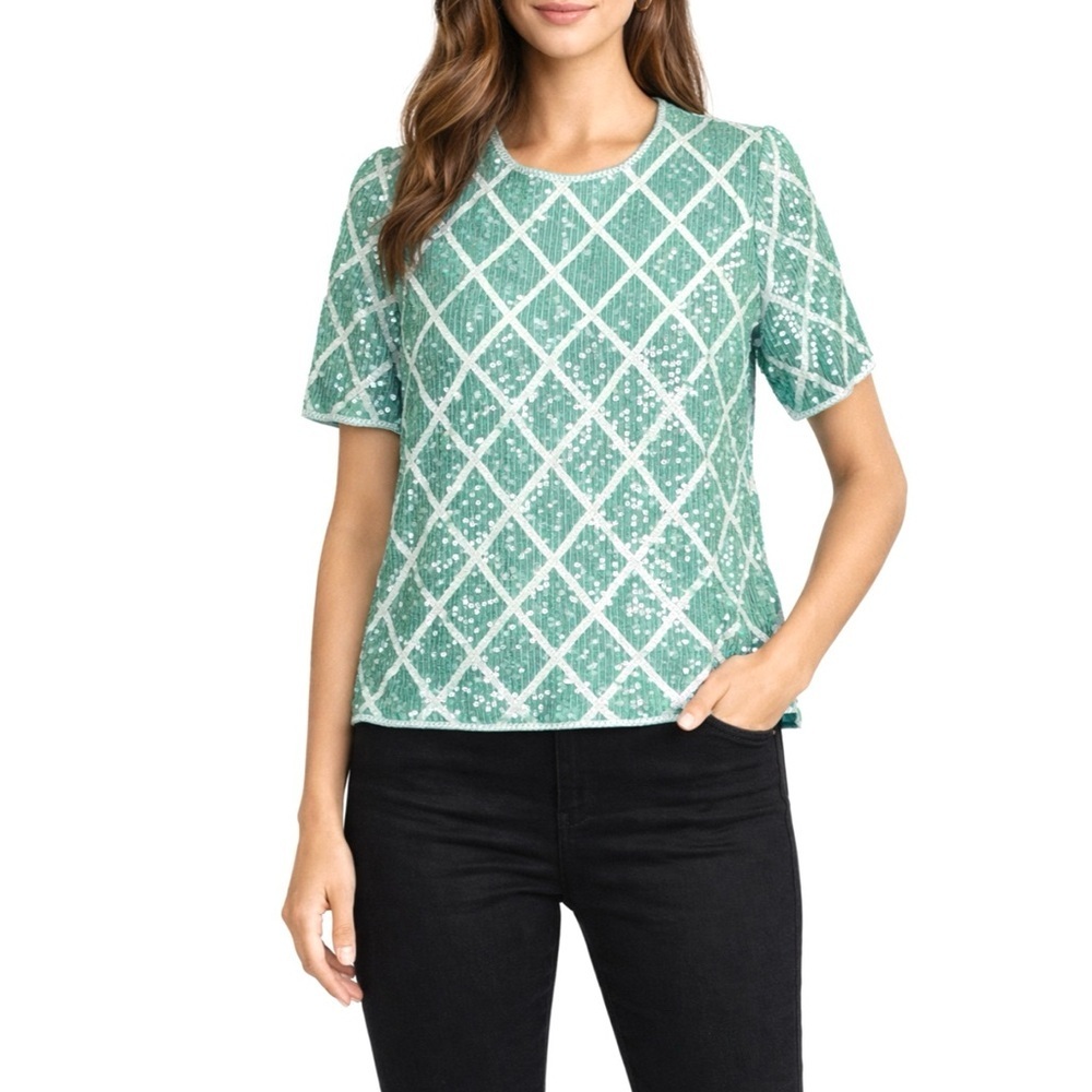 Vintage Laurence Kazar 100% Silk Mermaid Green Sequin Blouse Size PM